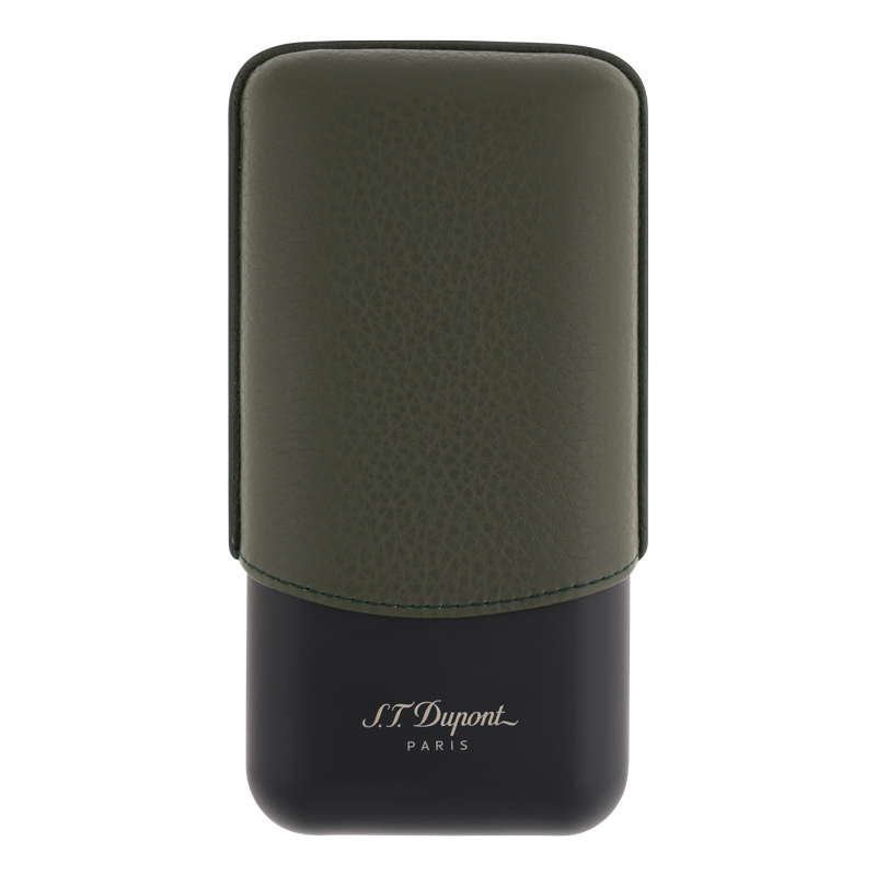 ST DUPONT LEATHER AND METAL CIGAR CASE - KAKI & MATT BLACK - 3 CIGARE Piece