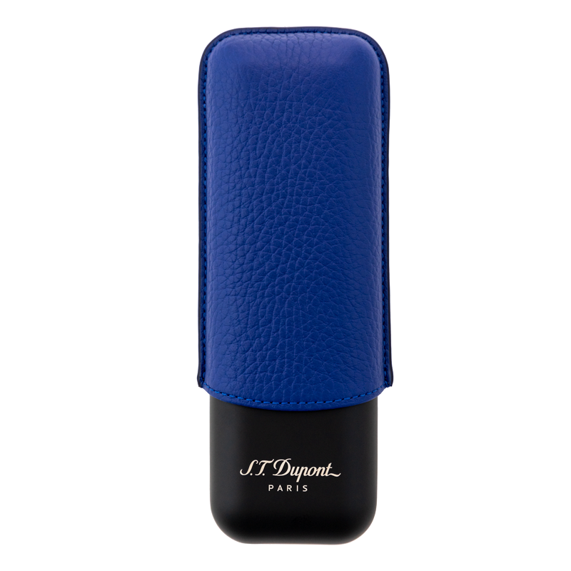 ST DUPONT LEATHER AND METAL CIGAR CASE -  MATTE OCEAN BLUE & BLACK - 2 CIGARE Piece