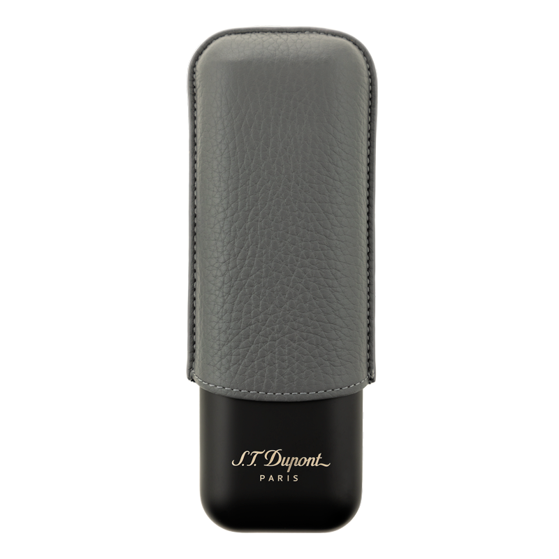 ST DUPONT LEATHER AND METAL CIGAR CASE - MATTE GRAPHITE & BLACK - 2 CIGARE Piece