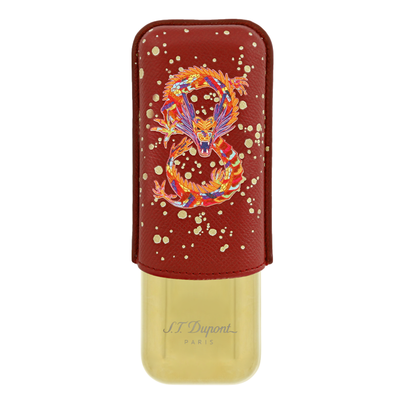 ST DUPONT METAL BASE CIGAR CASE - DRAGON BURGUNDY&GOLD - 2 CIGARE Piece