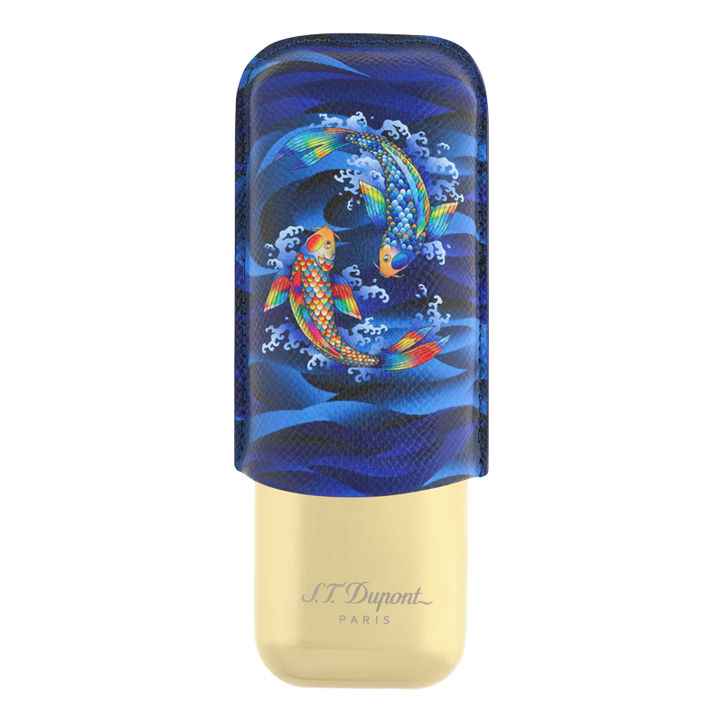 ST DUPONT METAL BASE CIGAR CASE - KOI FISH BLUE&GOLD - 2 CIGARE Piece